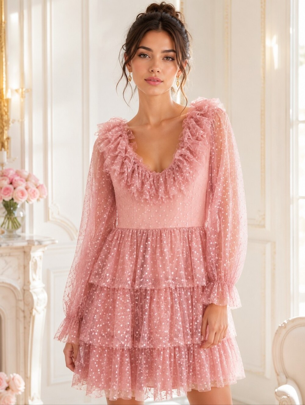 NWT Simplee | Dusty Rose Tiered Tulle Ruffle Mini Dress | Size Large | Romantic